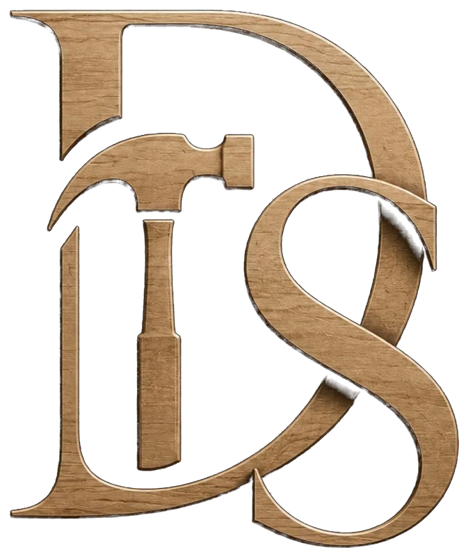 DS monogram: the letters D and S interlocked in carved timber, with a hammer and chisel worked into the D